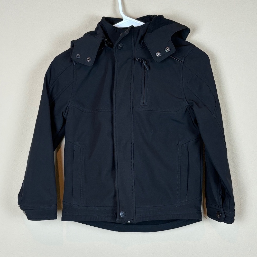 Soft Shell Mixed Media Boys Black Winter Jacket with Zip Off Hood; Size 7